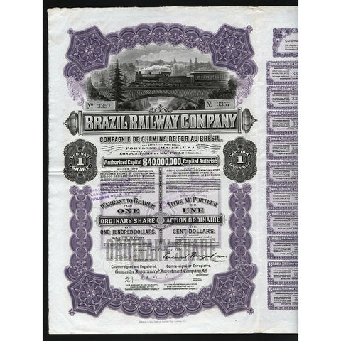 Brazil Railway Company / Compagnie de Chemins de Fer au Bresil 1911 Stock Certificate