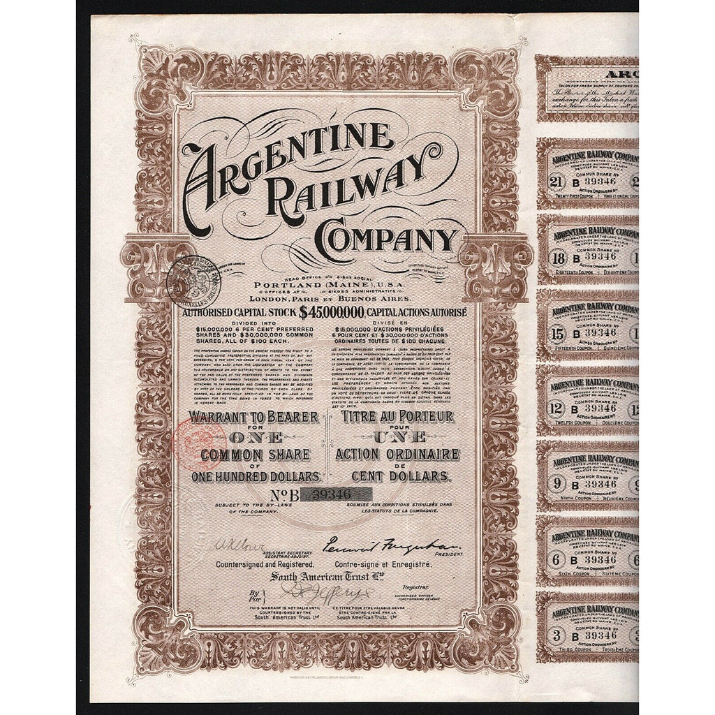Argentine Railway Company 1912 Share Warrant Certificate