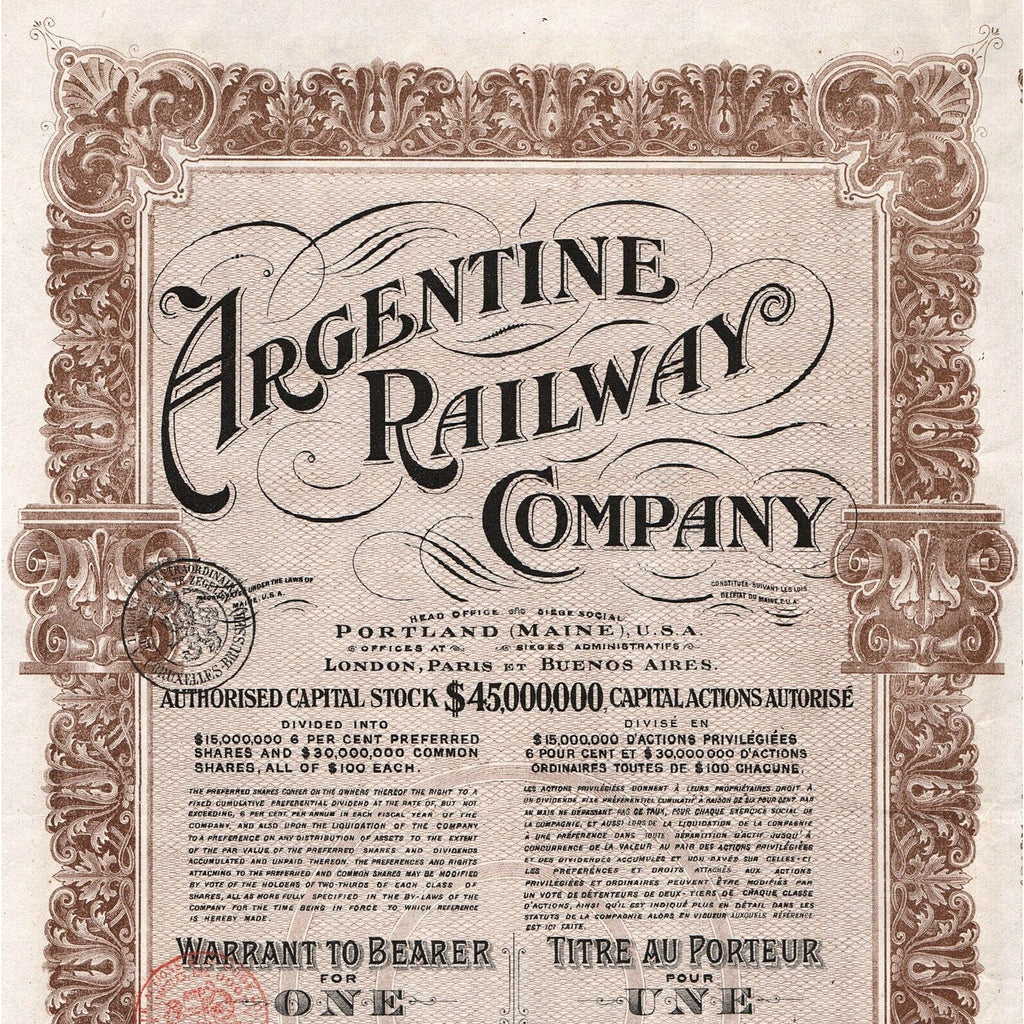 Argentine Railway Company 1912 Share Warrant Certificate