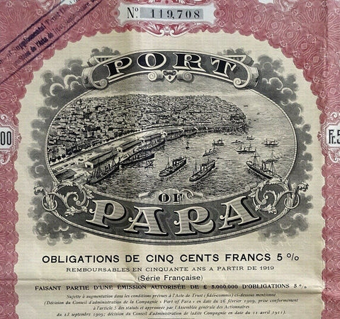 Port of Para 1909 Brazil Stock Bond Certificate