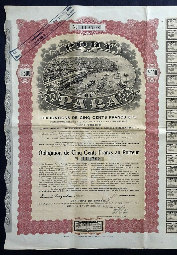 Port of Para 1909 Brazil Stock Bond Certificate