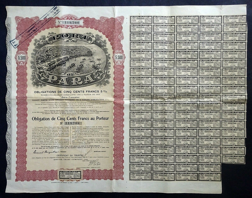 Port of Para 1909 Brazil Stock Bond Certificate
