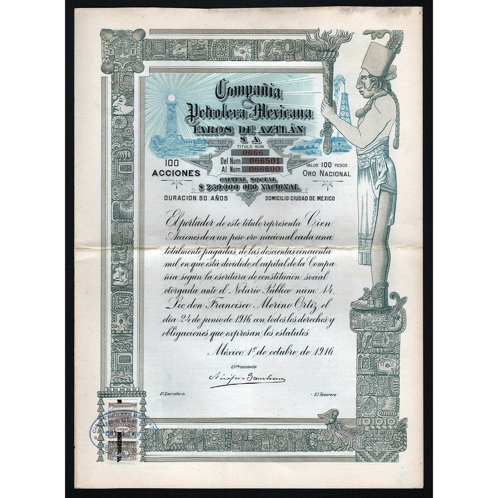 Compania Petrolera Mexicana Faros de Aztlan S.A. 1916 Mexico Bond Certificate