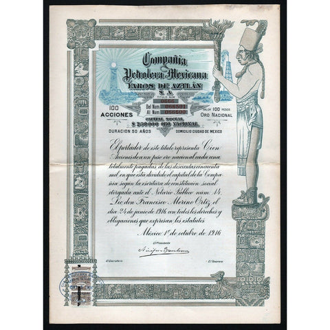 Compania Petrolera Mexicana Faros de Aztlan S.A. 1916 Mexico Bond Certificate