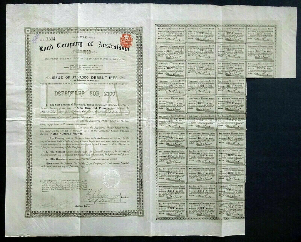The Land Company of Australasia Limited 1890 NSW Australia Stock Bond Certificate