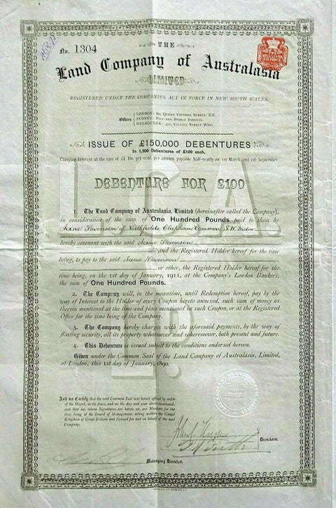 The Land Company of Australasia Limited 1890 New South Wales Stock Bond Certificate