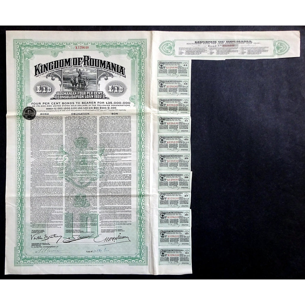Kingdom of Roumania Consolidation Loan 1922 Bond Certificate