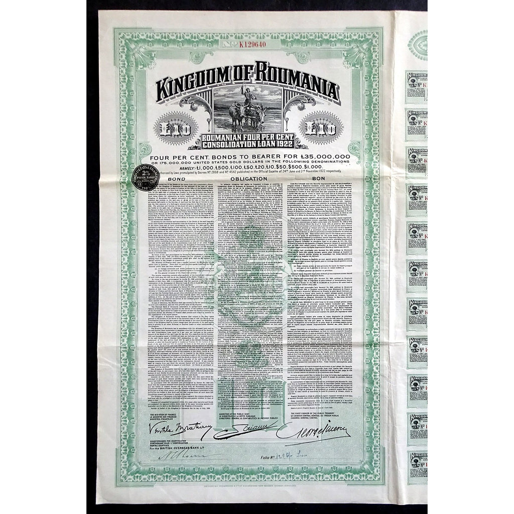 Kingdom of Roumania Consolidation Loan 1922 Bond Certificate