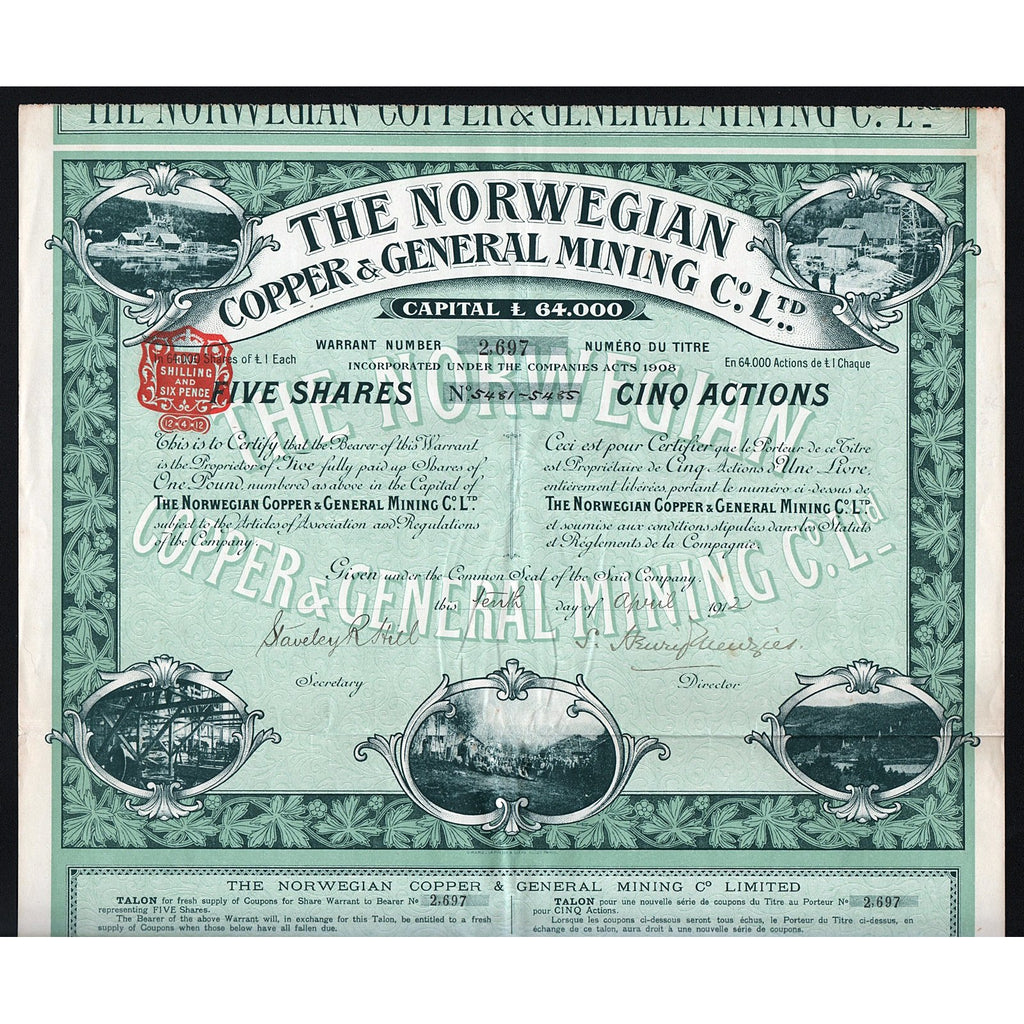 The Norwegian Copper & General Mining Co. Ltd. 1912 Norway Stock Certificate