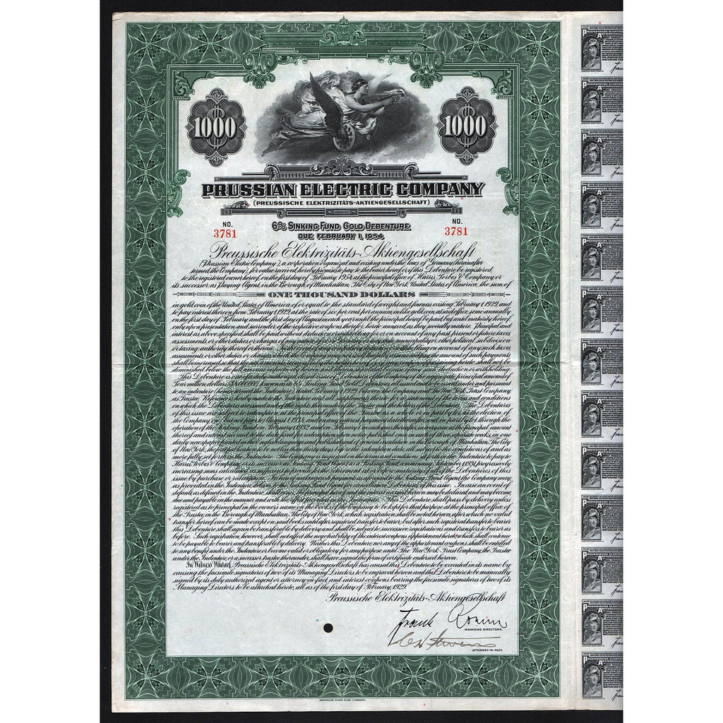 Prussian Electric Company 1929 Germany Gold Bond Certificate