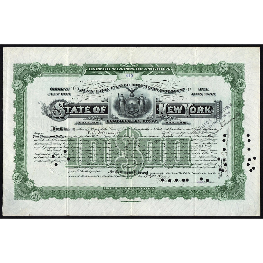 State of New York, Loan for Canal Improvement 1928 Bond Certificate