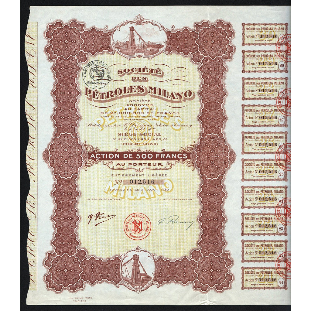 Societe des Petroles Milano S.A. 1920 Tourcoing France Stock Certificate
