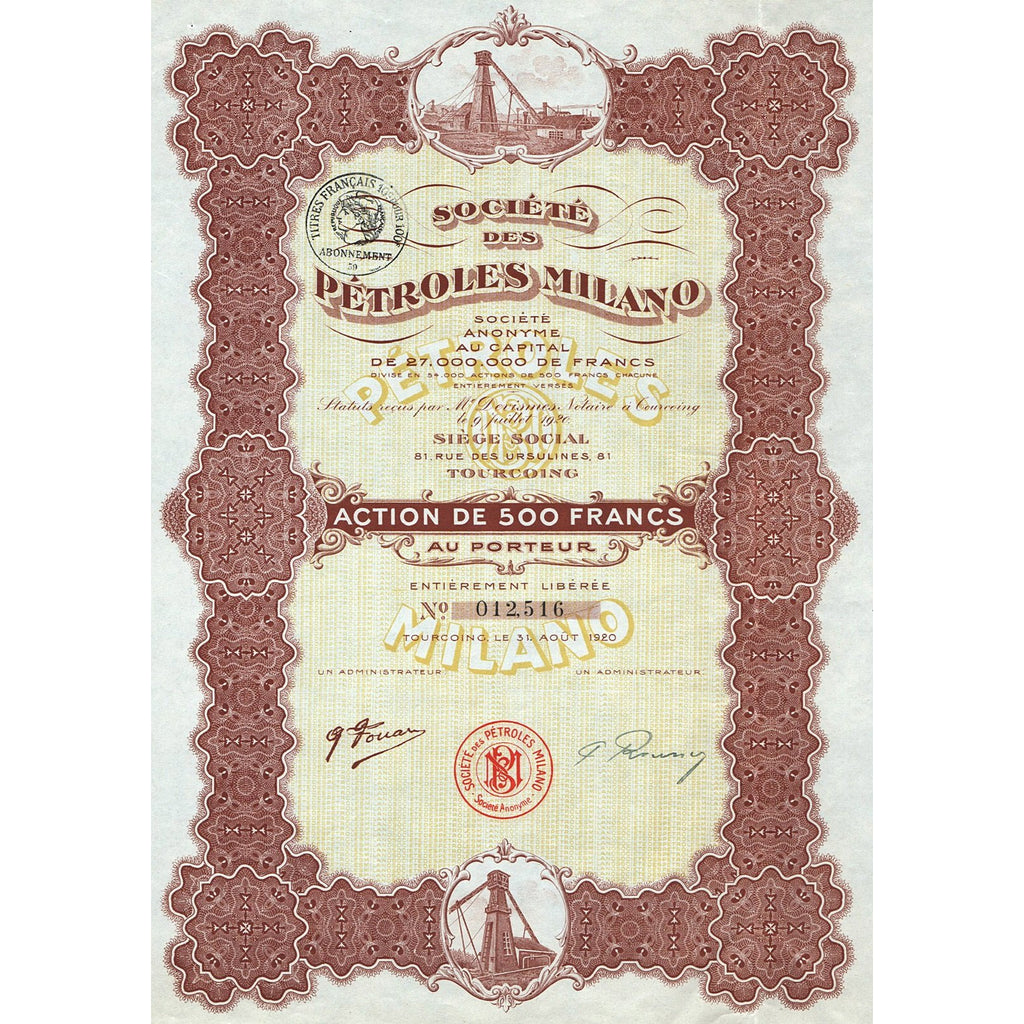 Societe des Petroles Milano S.A. 1920 Tourcoing France Stock Certificate