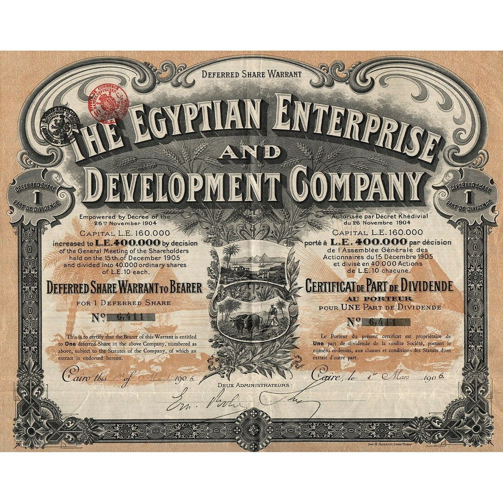 The Egyptian Enterprise and Development Company 1906 Egypt Stock Certificate