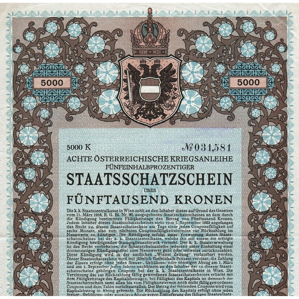 Achte Österreichische Kriegsanleihe 1918 Wien Vienna Austria War Bond Certificate