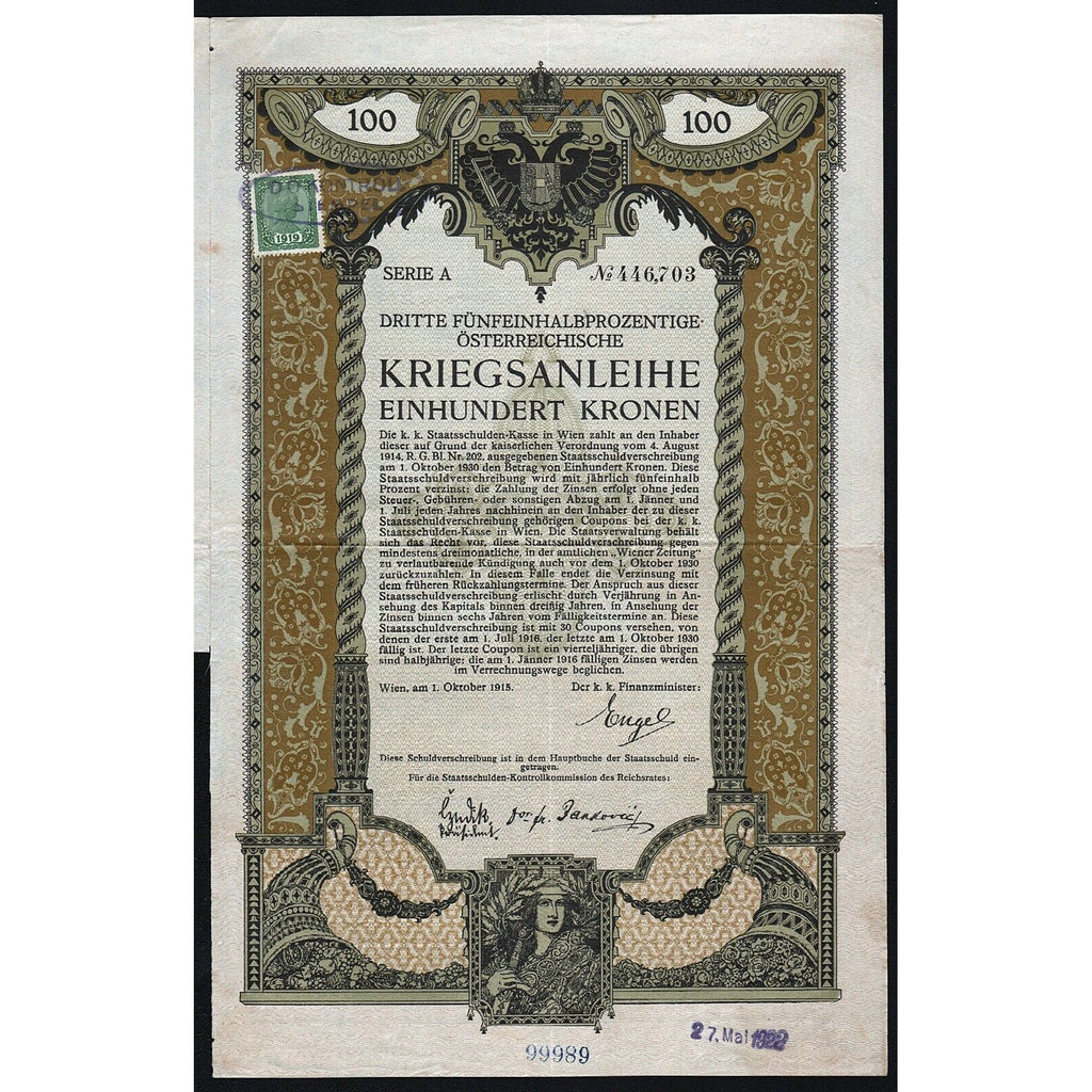 Dritte Österreichische Kriegsanleihe 1915 Austria War Bond Certificate