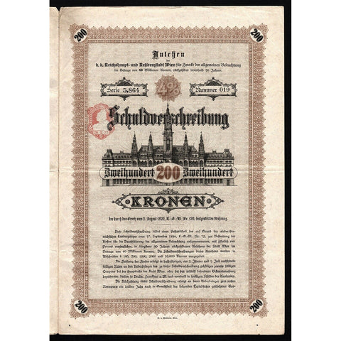 Anlehen der k.k. Reichshaupt- und Residenzstadt Wien 1898 Vienna Austria Stock Certificate