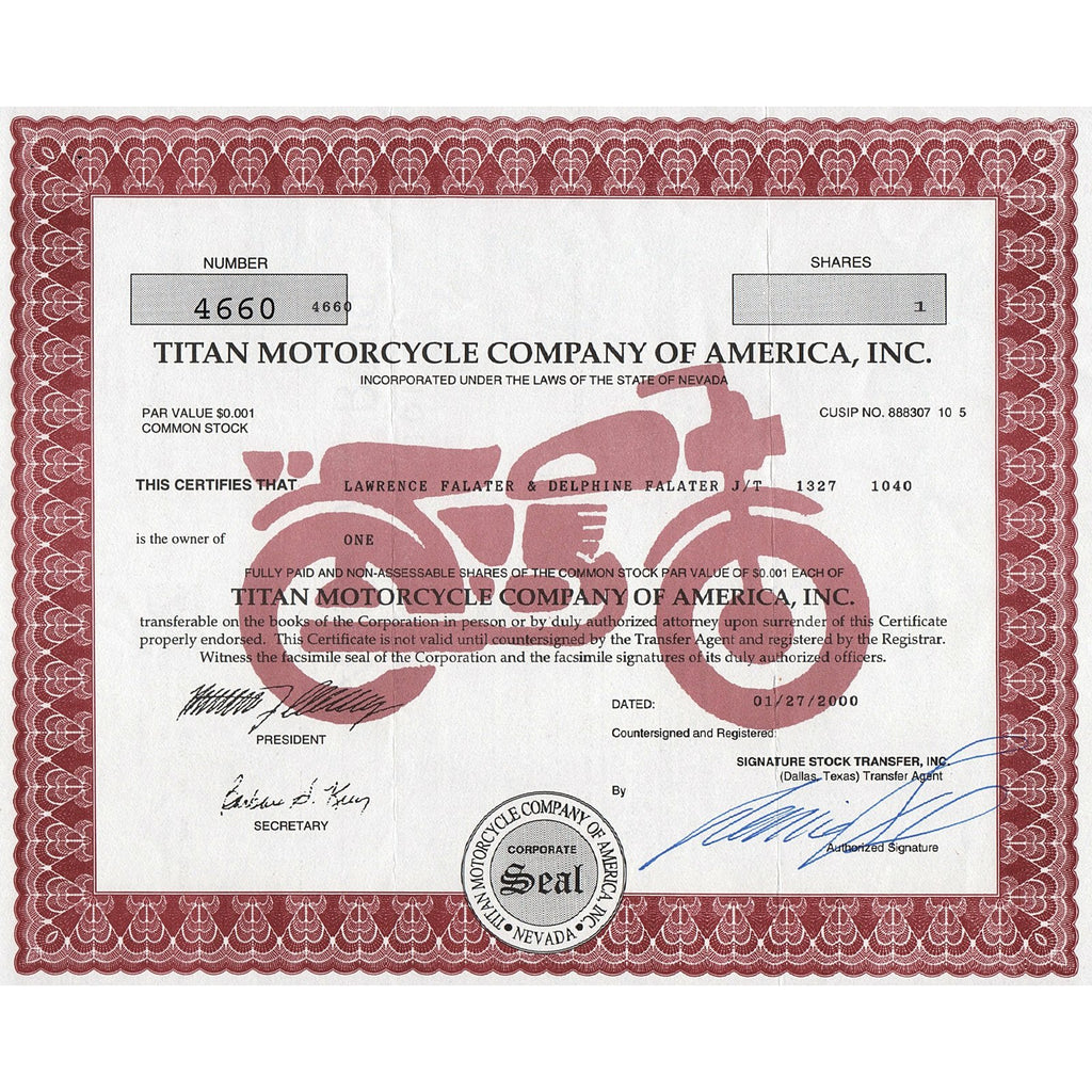 Titan Motorcycle Company of America, Inc. Nevada Stock Certificate