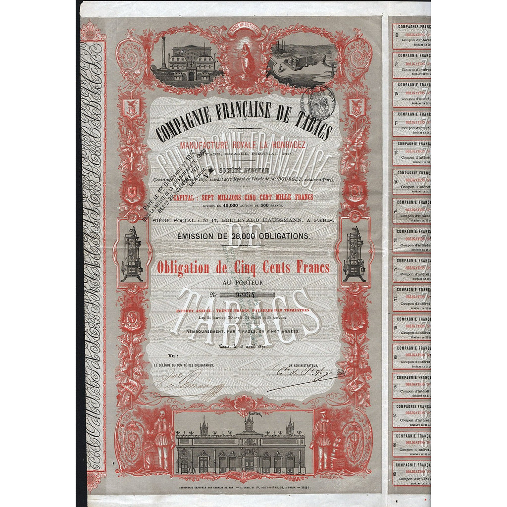 Compagnie Francaise de Tabacs 1870 Paris France Stock Certificate