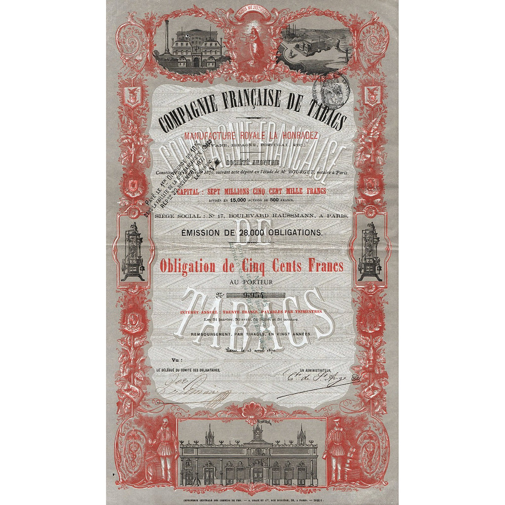 Compagnie Francaise de Tabacs 1870 Paris France Bond Certificate