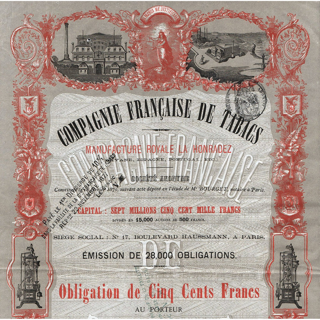 Compagnie Francaise de Tabacs 1870 Paris France Bond Certificate