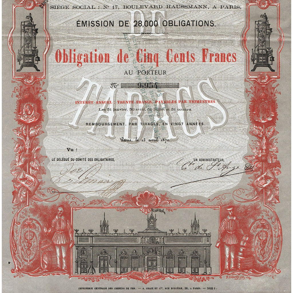 Compagnie Francaise de Tabacs 1870 Paris France Bond Certificate