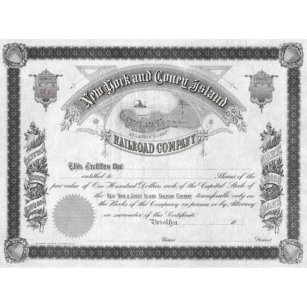 New York and Coney Island Railroad Company Brooklyn NY Stock Certificate
