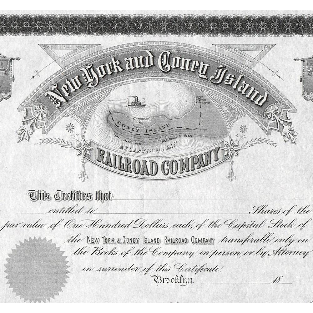 New York and Coney Island Railroad Company Brooklyn NY Stock Certificate