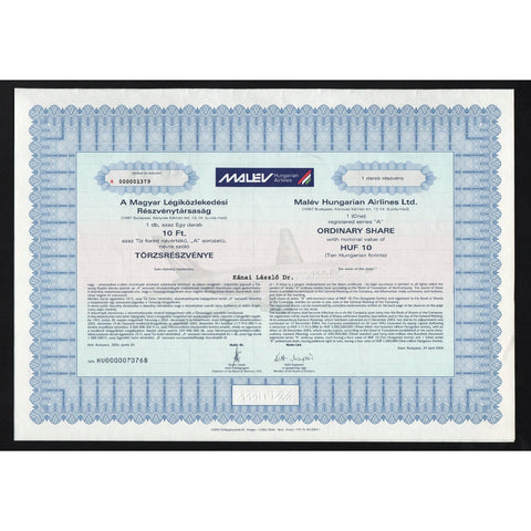 Malev Hungarian Airlines Ltd. Budapest Hungary Stock Certificate