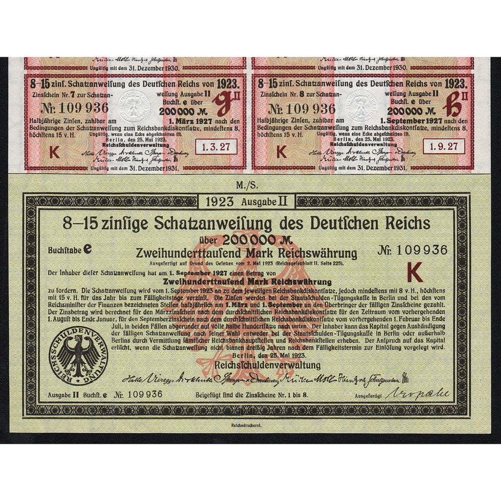 Schatzanweisung des Deutschen Reichs 1923 Germany 200,000 Mark Treasury Bond Certificate
