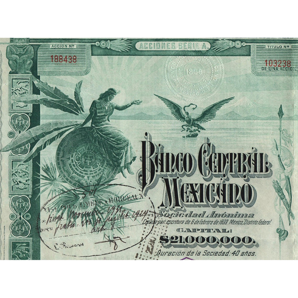 Banco Central Mexicano Blueberry 1905 Mexico Stock Certificate