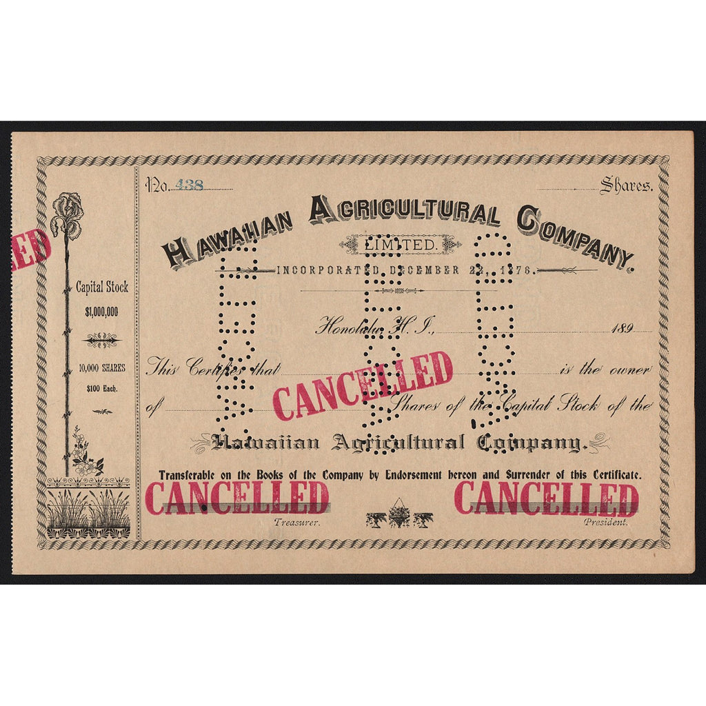 Hawaiian Agricultural Company, Limited 1876 Hawaii Stock Certificate