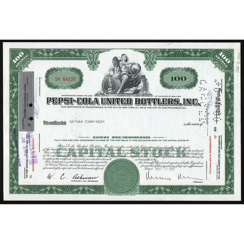 Pepsi-Cola United Bottlers, Inc. New York Stock Certificate Pepsi