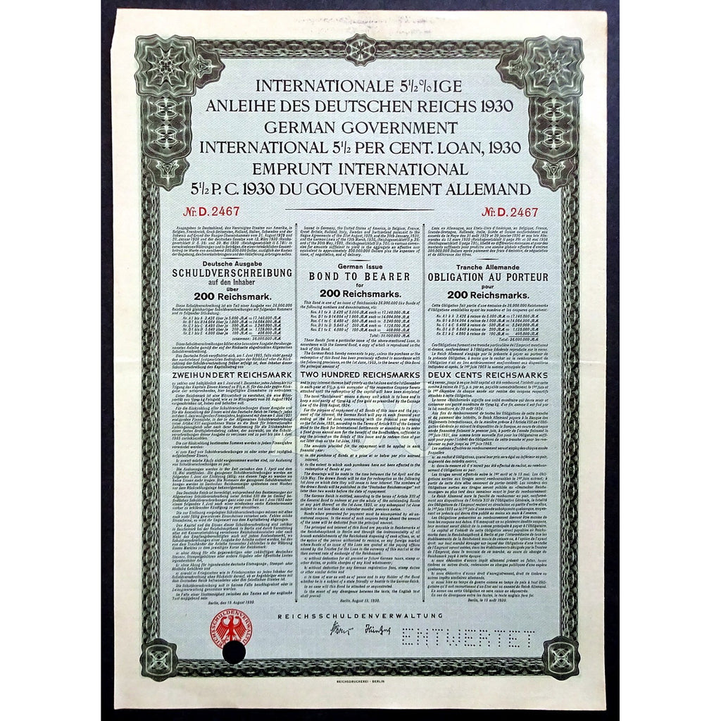 1930 Internationale 5½%ige Anleihe des Deutschen Reichs 200 Reichsmark