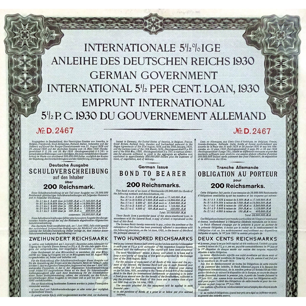 1930 Internationale 5½%ige Anleihe des Deutschen Reichs 200 Reichsmark