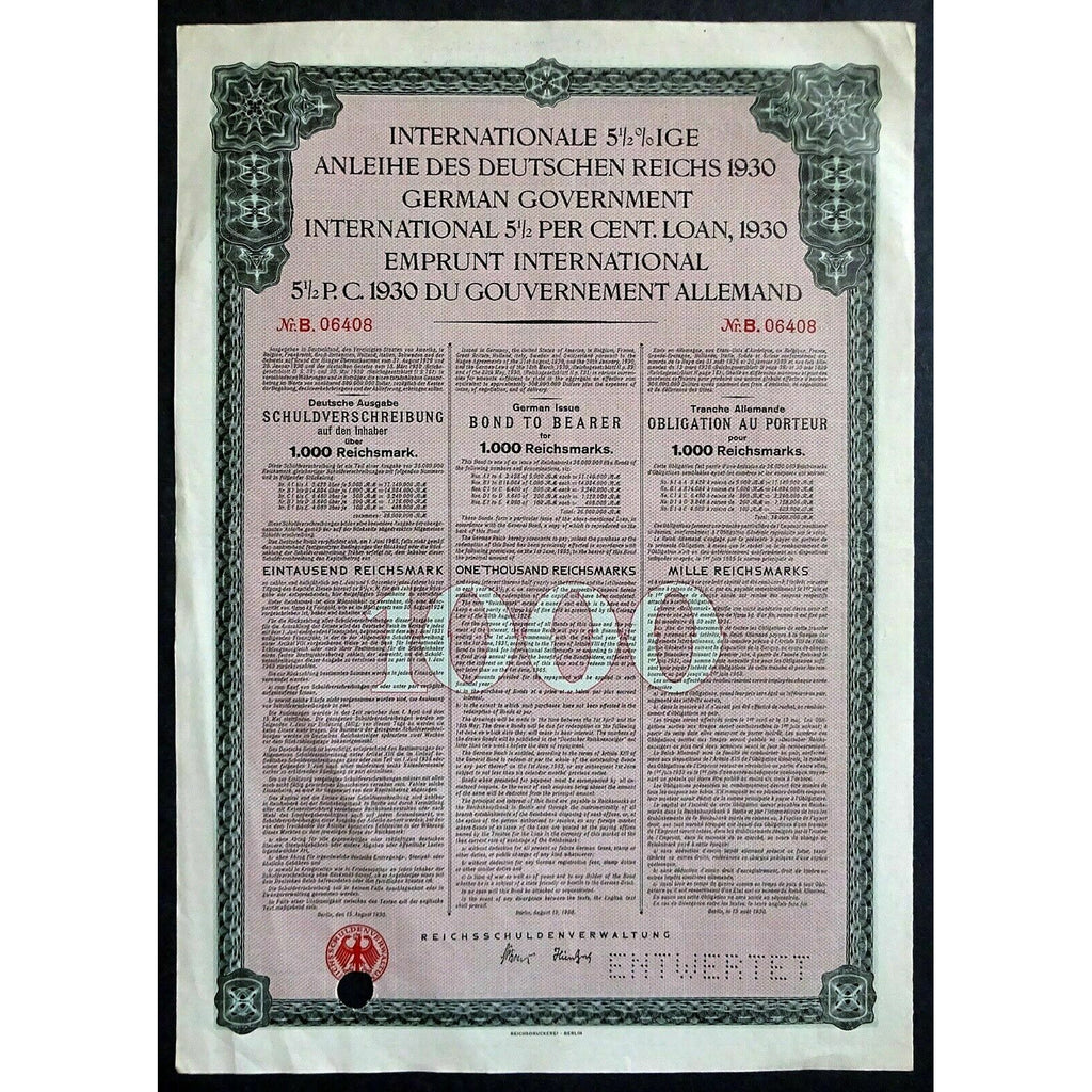 1930 Internationale 5½% Anleihe des Deutschen Reichs, 1000 Reichsmark Bond Certificate