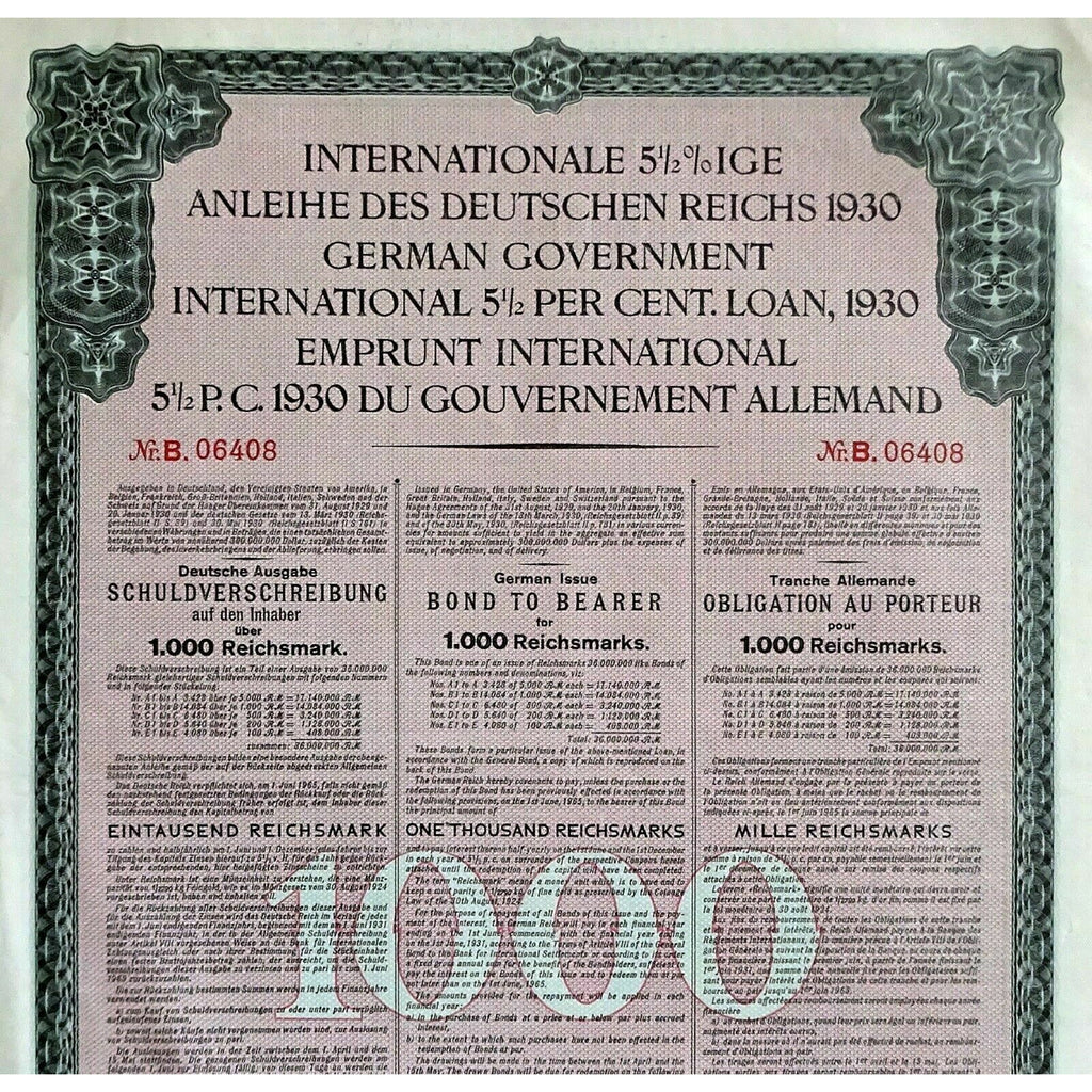 1930 Internationale 5½% Anleihe des Deutschen Reichs, 1000 Reichsmark Bond Certificate