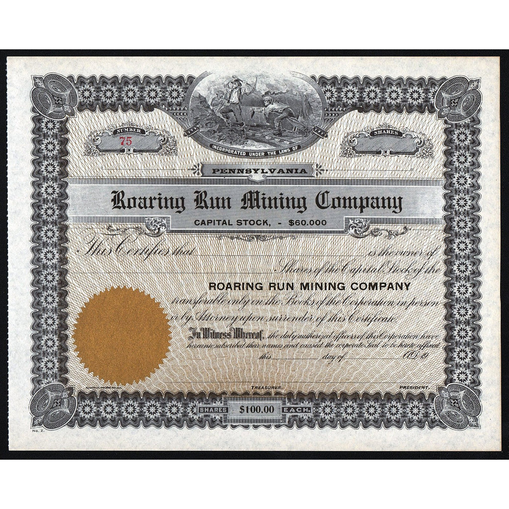 Roaring Run Mining Company Pennsylvania Stock Certificate