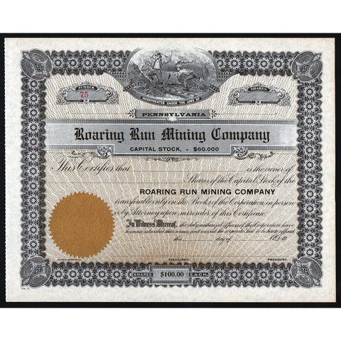 Roaring Run Mining Company Pennsylvania Stock Certificate