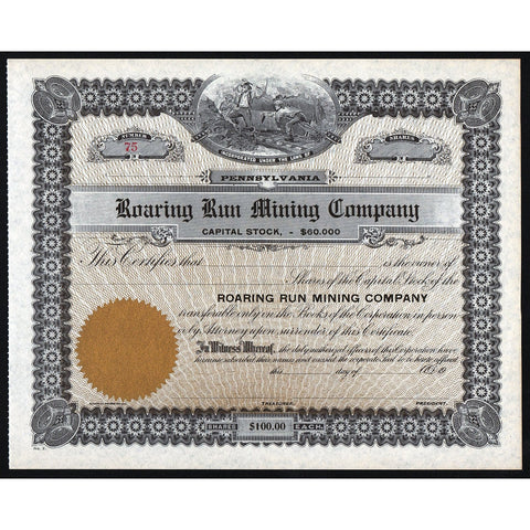 Roaring Run Mining Company Pennsylvania Stock Certificate