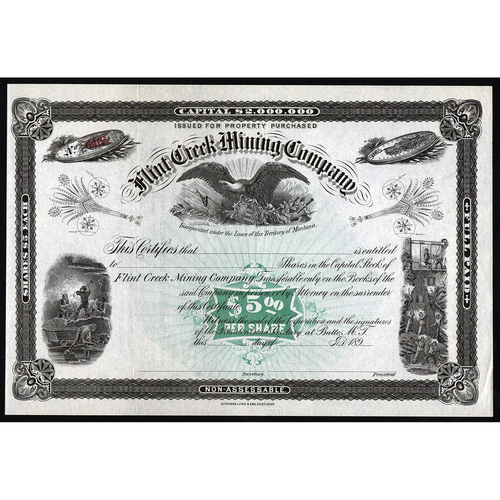 Flint Creek Mining Company Montana Stock Certificate