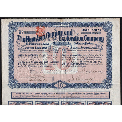 The New Ario Copper and Exploration Company 1898 South Africa Stock Certificate
