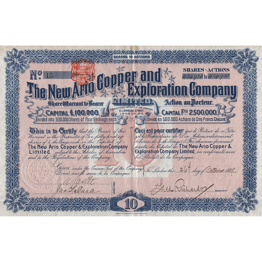 The New Ario Copper and Exploration Company 1898 South Africa Stock Certificate Warrant