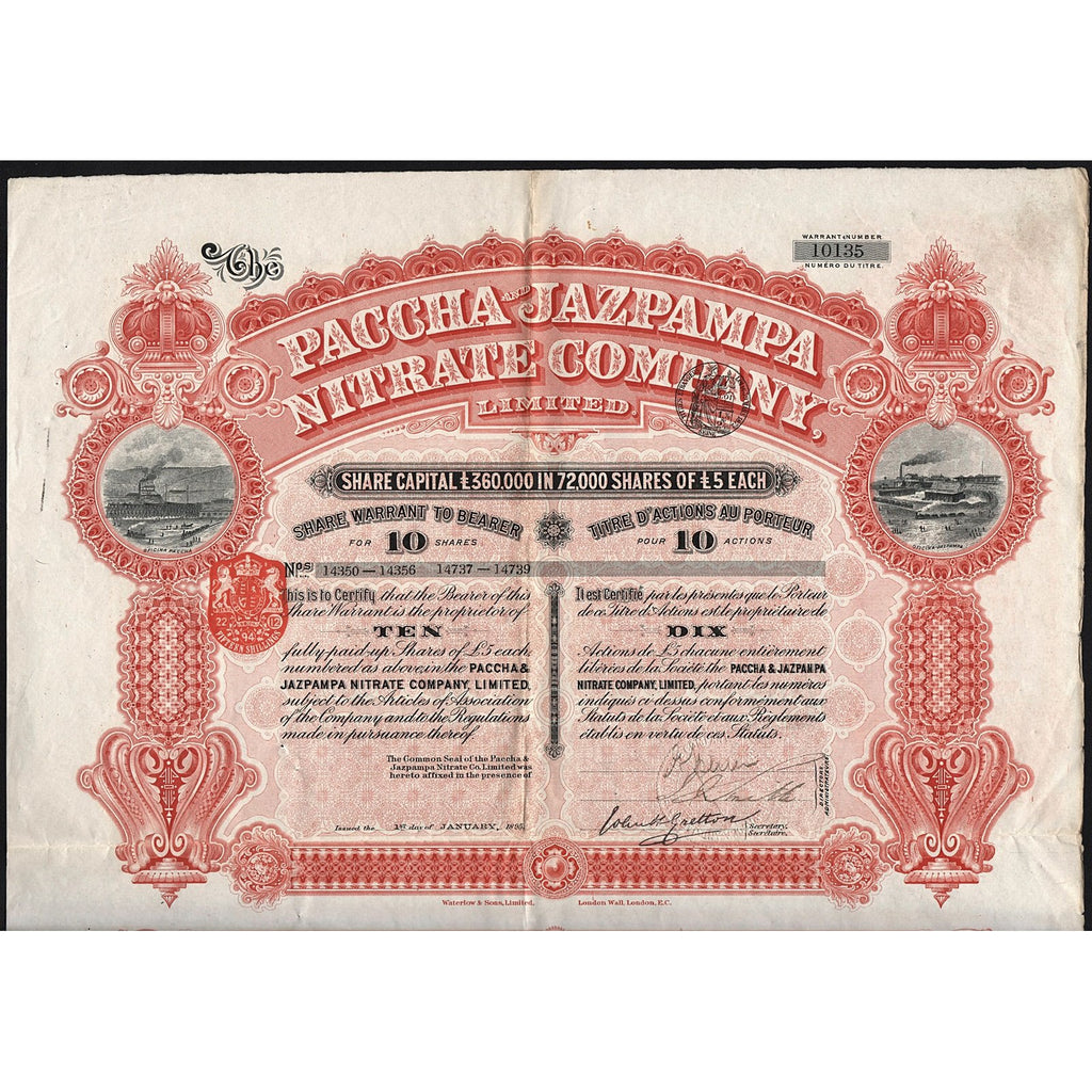 The Paccha and Jazapampa Nitrate Company Limited 1895 Chile Stock Certificate