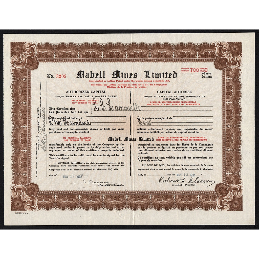 Mabell Mines Limited 1951 Quebec Canada Stock Certificate