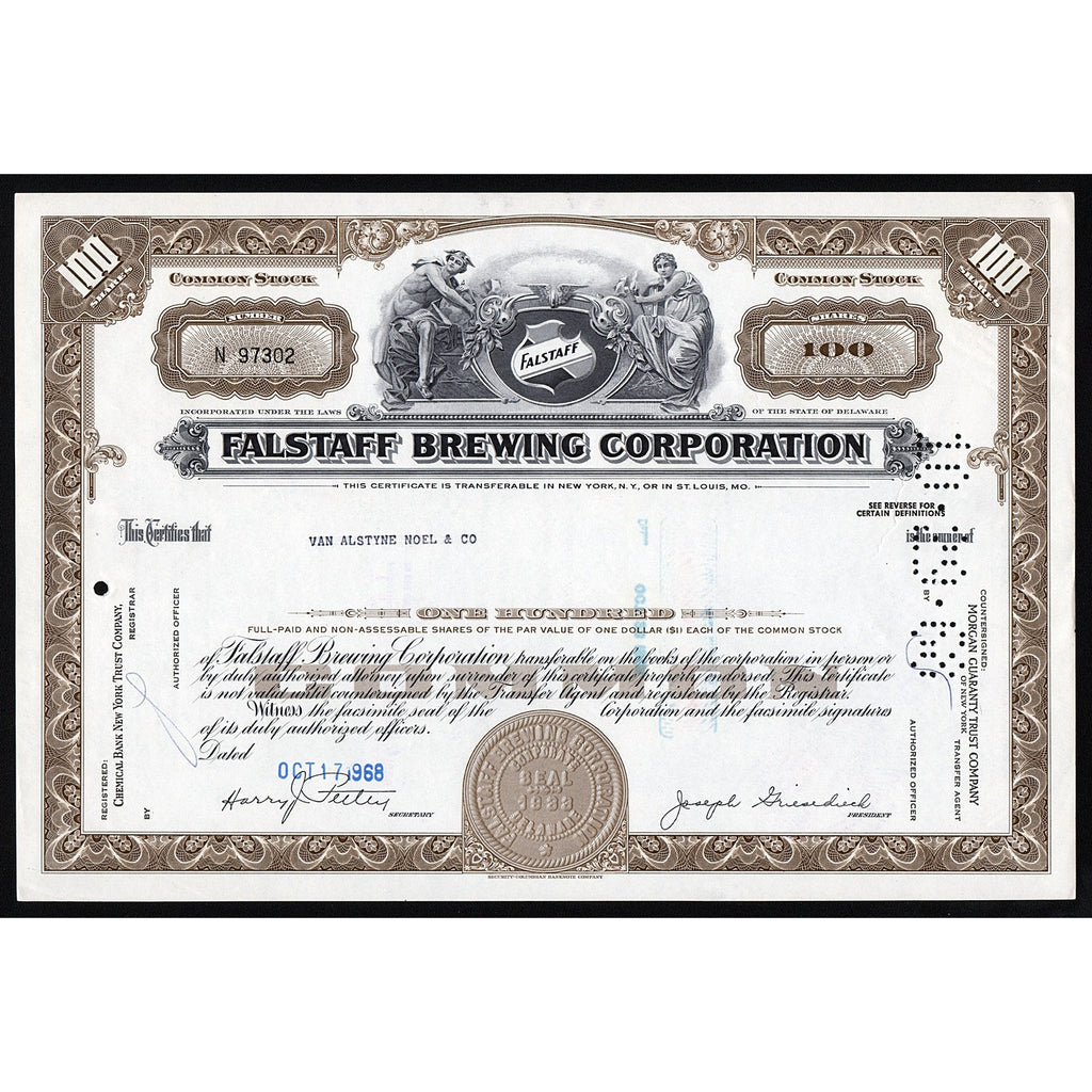 Falstaff Brewing Corporation Beer Brewery Stock Certificate