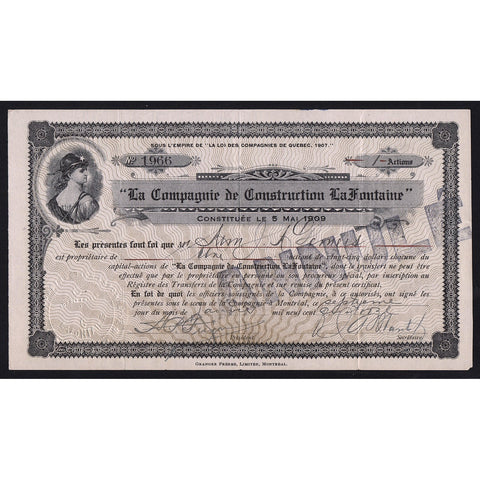 La Compagnie de Construction LaFontaine Quebec Canada Stock Certificate