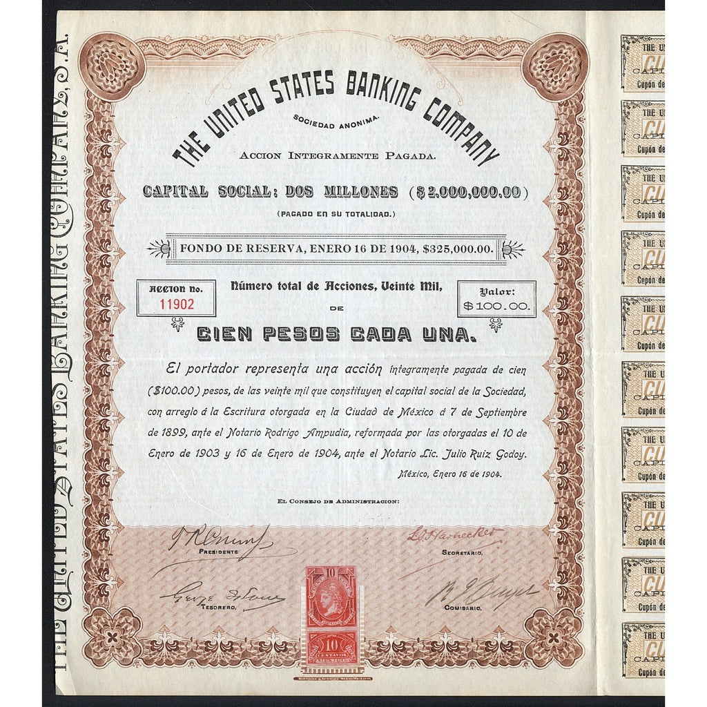 The United States Banking Company 1904 Mexico Stock Certificate
