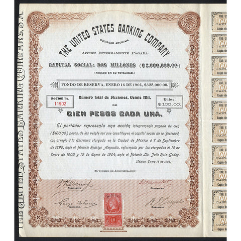 The United States Banking Company 1904 Mexico Stock Certificate