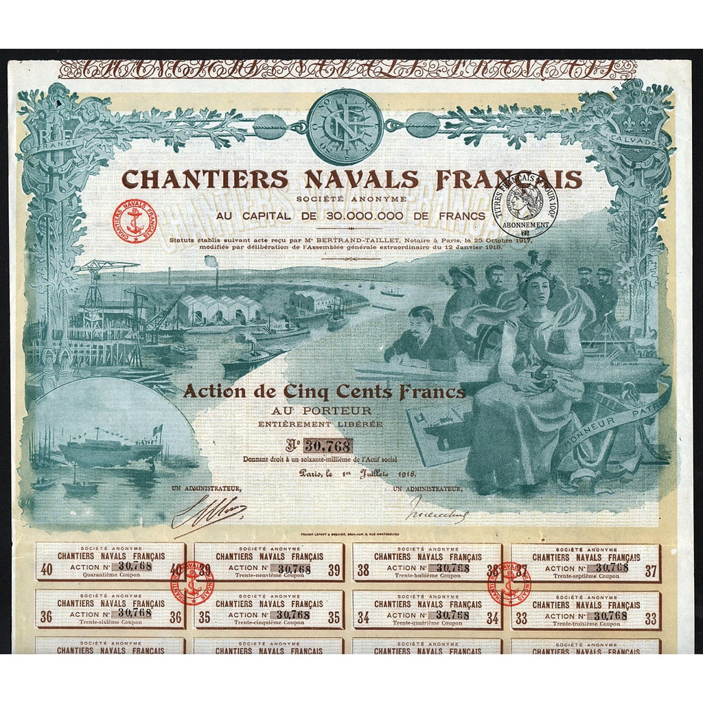 Chantiers Navals Francais Societe Anonyme 1918 France Stock Certificate